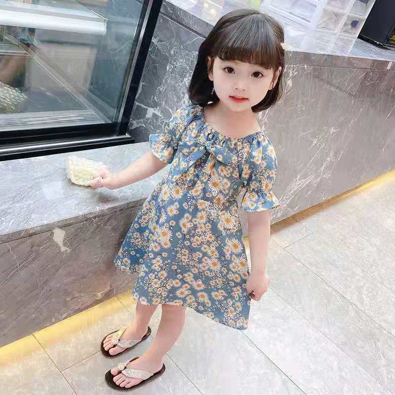 Dress Anak Perempuan Korean Fashion Floral Printed Short Sleeve Gaun