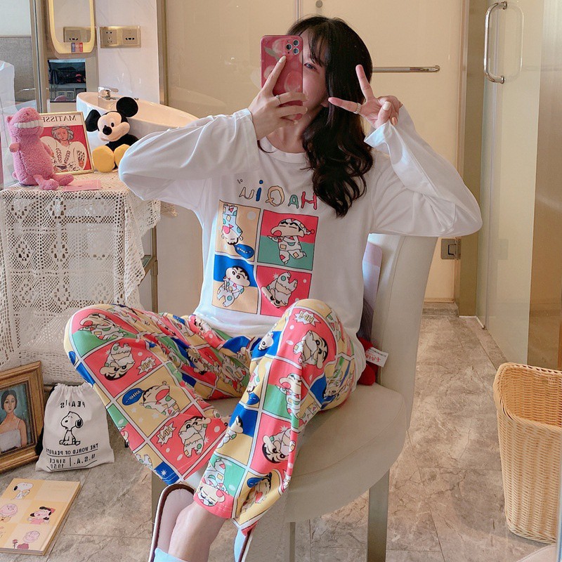 Baaju.id Set Piyama Import Baju Tidur  Lengan Panjang Celana Panjang Baju Tidur Wanita KR1002-SINCHAN PUTIH