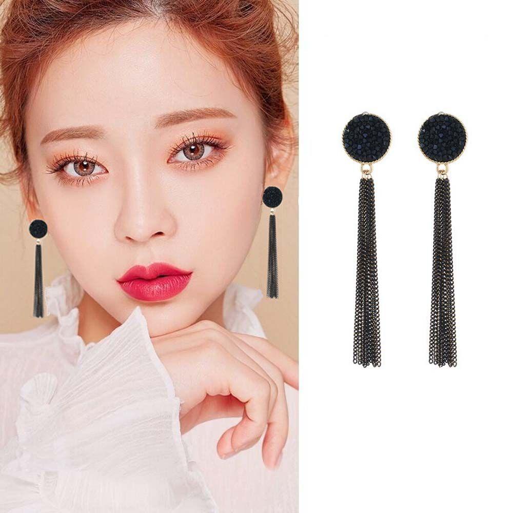 Anting Panjang Model Rumbai Menjuntai Aksen Kristal Warna Hitam Untuk Wanita