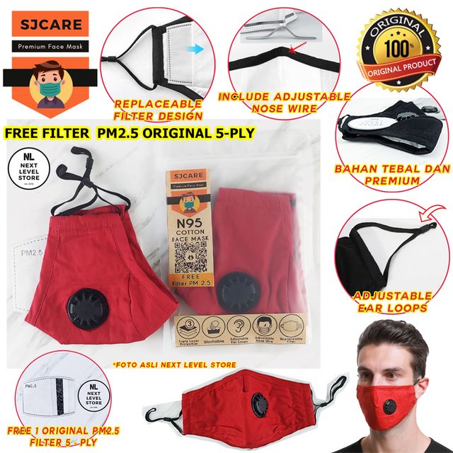 Masker Kain N95 3 Lapis Premium 8 lapis SJCARE - FREE FILTER - MERAH