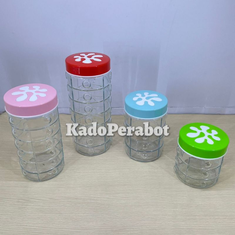 toples kaca tutup plastik - toples kaca tutup warna - toples kaca 1set