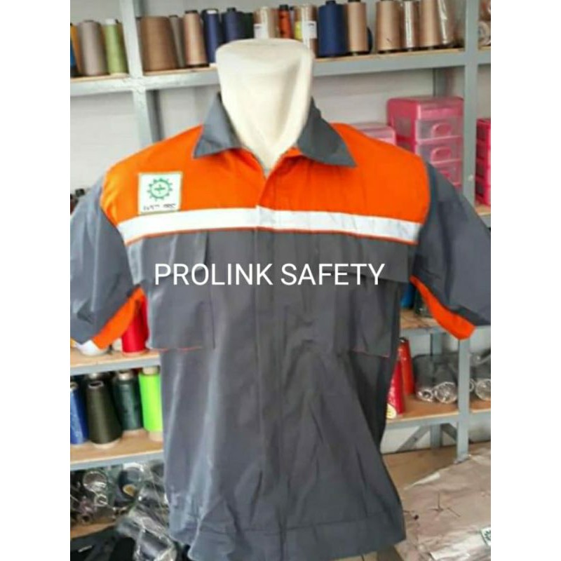 SERAGAM SAFETY LENGAN PENDEK FREE LOGO K3 BENDERA ABU ABU KOMBINASI ORANYE RESLETING KAIN DRILL