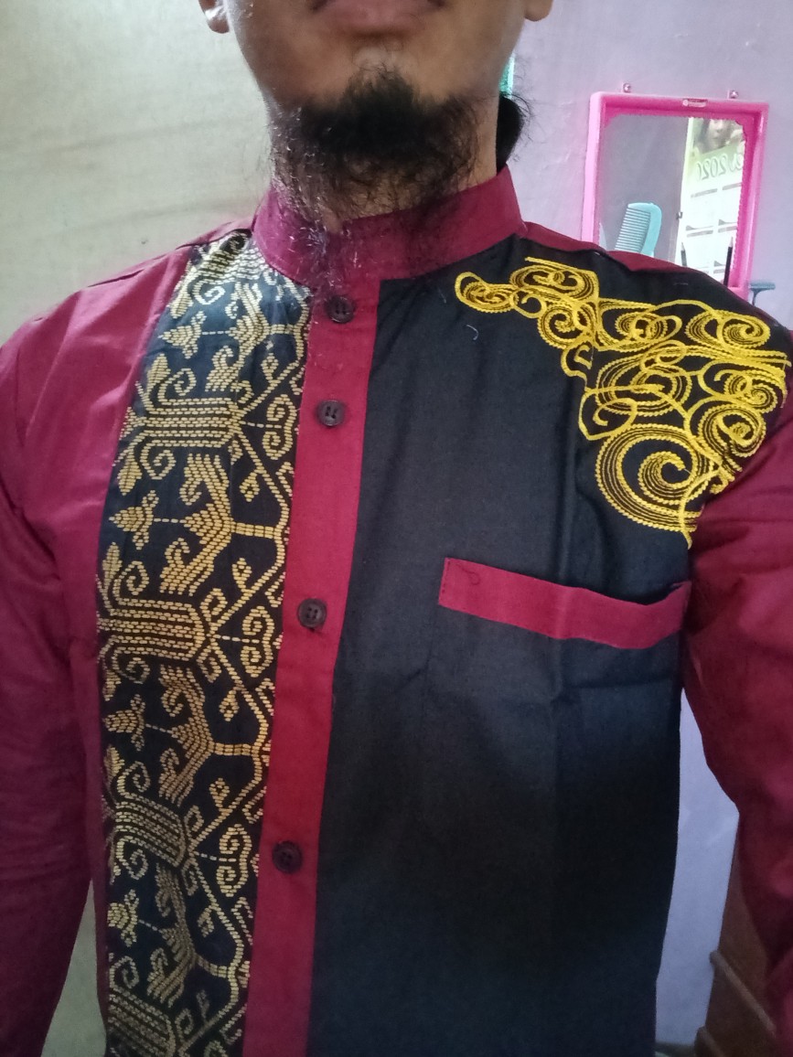 Batik Kalongan | Koko Batik Bordir Kombinasi Lengan Panjang Motif Trisula