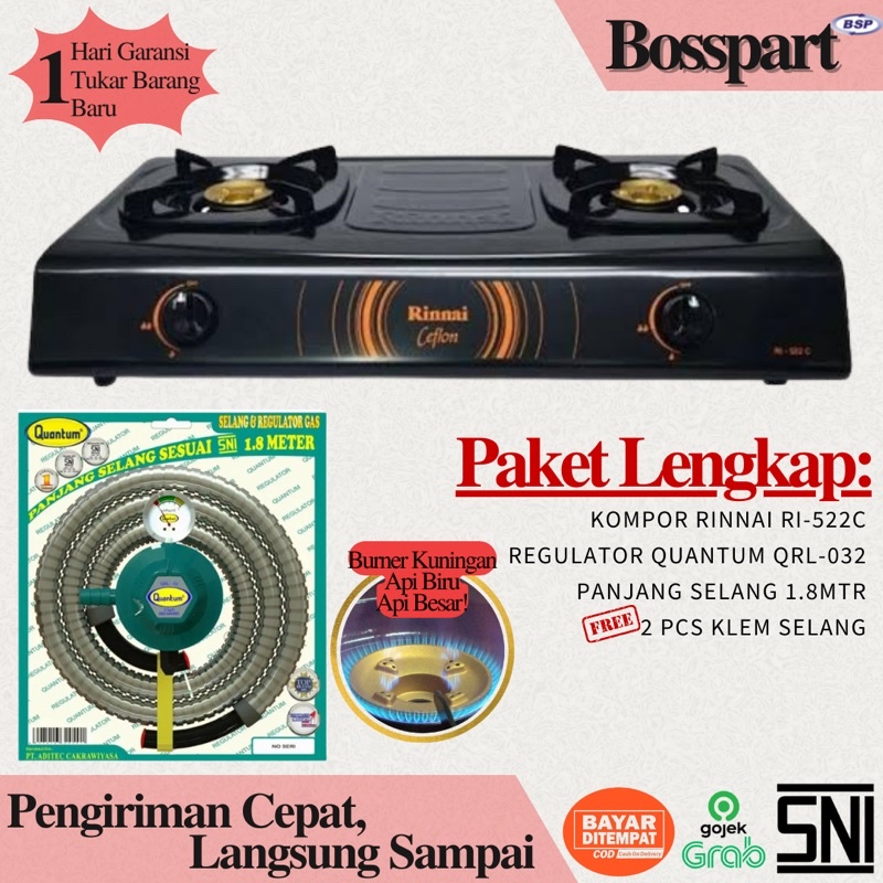 Paket Kompor Gas Rinnai 2 Tungku RI-522C bonus selang regulator Quantum