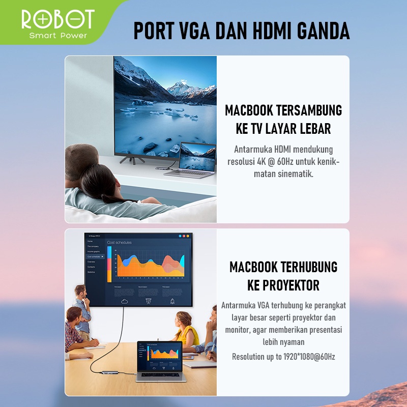 ROBOT HT590 Multiport 9in1 USB Type C HUB Adapter Lightweight &amp; Portable Space Grey Aluminium Alloy PORT USB 2.0 USB 2.0 3.5 mm Audio SD/TF PD HDMI VGA Transmisi Ganda Original - Garansi