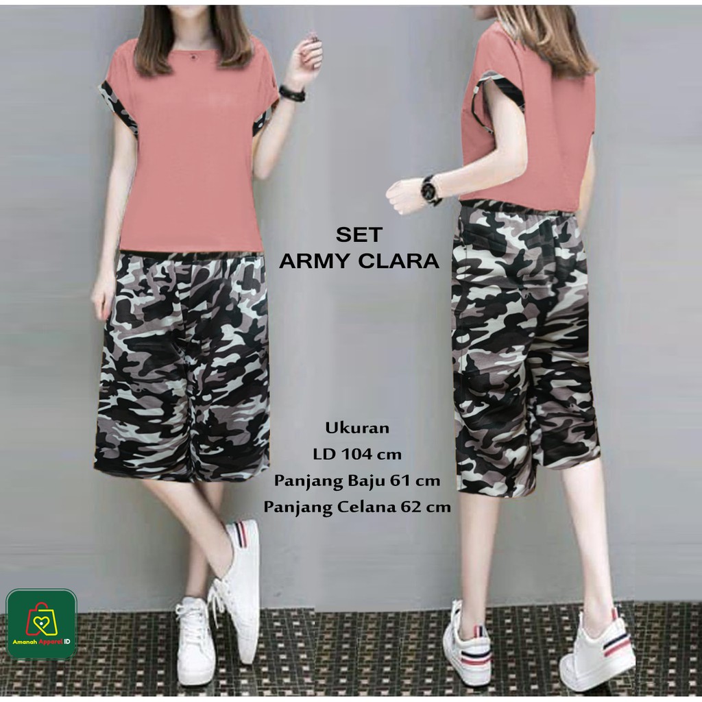 Baju Setelan Wanita ARMY CLARA Babyterry Celana Loreng Tanggung XL / 20255