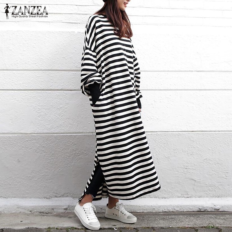 Zanzea Women Crew Neck Long Sleeve Side Pockets Split Loose Style Full Length Dress