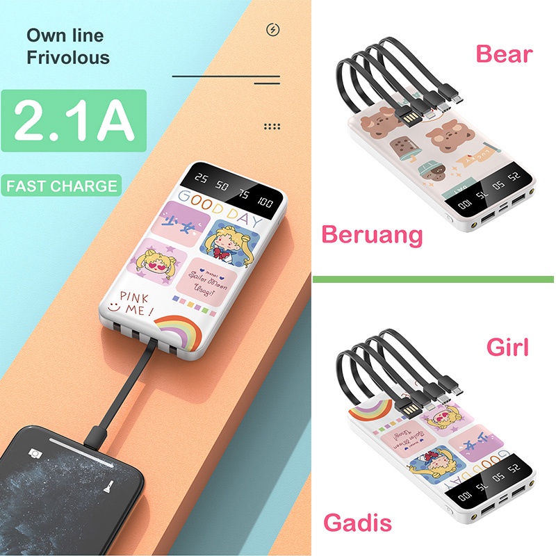 PowerBank 15000mAh Fast Charging Power Bank LED Digital Display Portable Mini PowerBank Built in Cable 5in1 Type C USB Lightning Micro