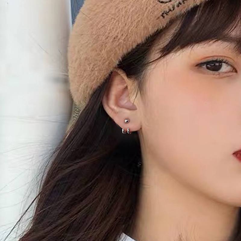 Anting Baris Ganda Geometris Perak Pria Dan Wanita vintage hip hop Korea Aksesoris