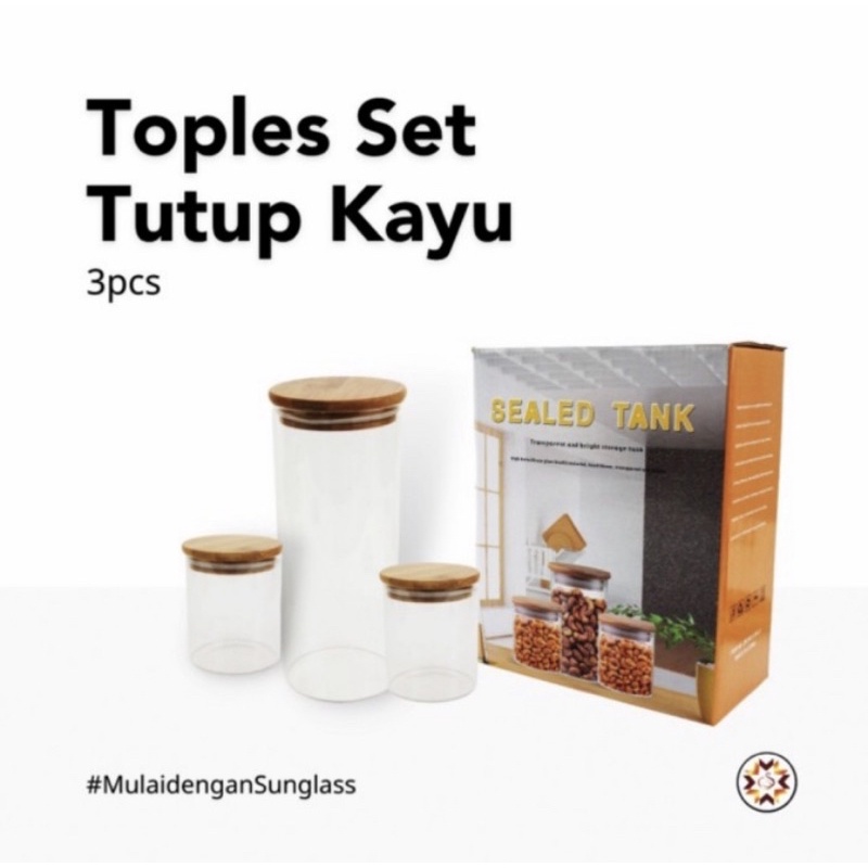 Toples kaca tutup kayu kedap/ toples set tutup kayu isi 3 pcs