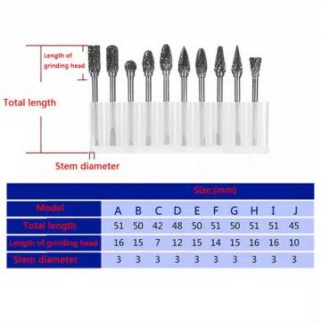 10Pcs 1/8&quot; Mata bor cun Tungsten Carbide Burr Rotary Drill Bits Tools Cutter Files Set Shank