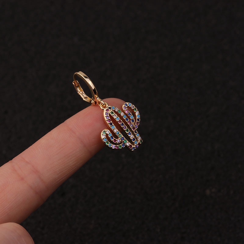 1Pc Bohemian Rainbow Zircon Small Hoop Cz Earring Crystal Cactus Heart Pendant Ear Piercing Jewelry