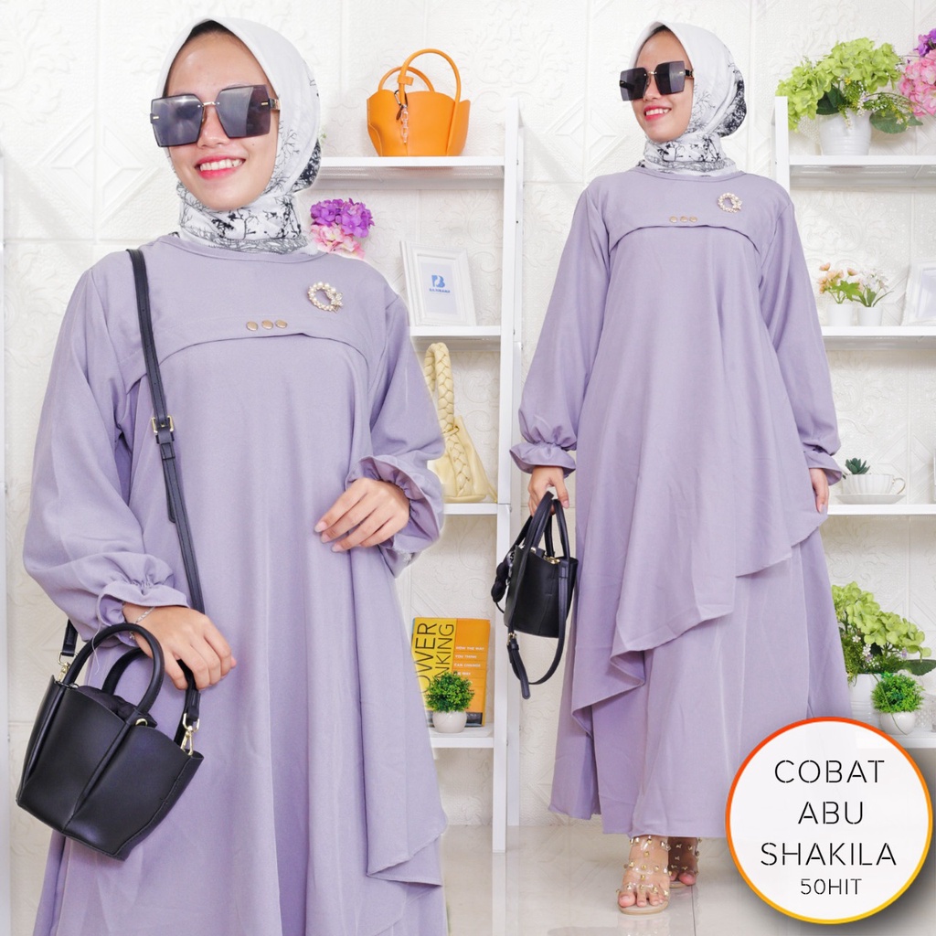 Gamis Shakila Lipit Depan Variasi Kancing Tangan Kerut Karet Cobat
