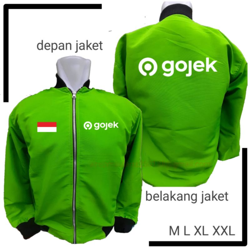 jaket bomber hijau gojek sablon putih ,jaket bisa bolak balik ( hitam polos balik jaket)