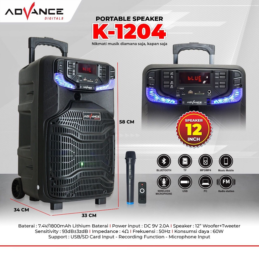 Advance K1204 Speaker Meeting Karaoke Bluetooth 12 Inch Free 1 Mic Wireless K-1204