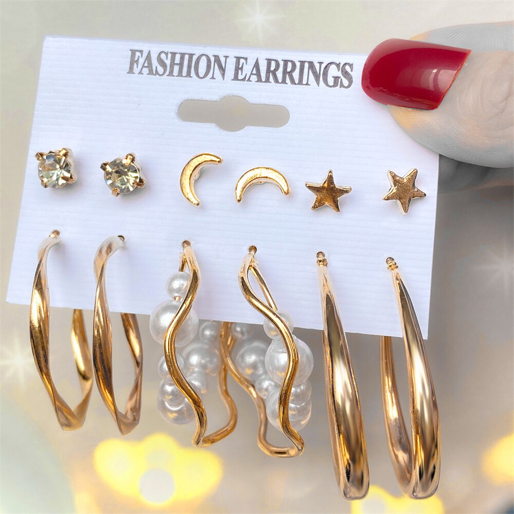 10pcs/set Pearl Metal Drop Earrings Set Fashion Women's Acrylic  Korean Geometric Twisted Metal Round Dangle Earrings Jewelry Party Gift
