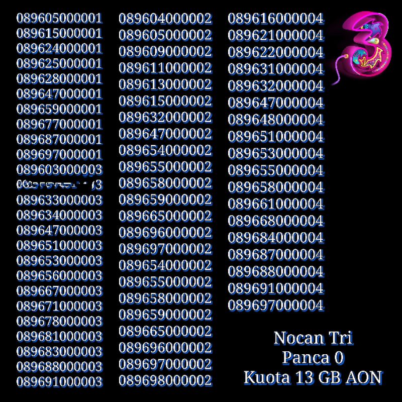 Nomor Cantik Nocan Panca 0 Kartu Perdana Tri Three 4G LTE Kuota 18 GB NASIONAL REGULER
