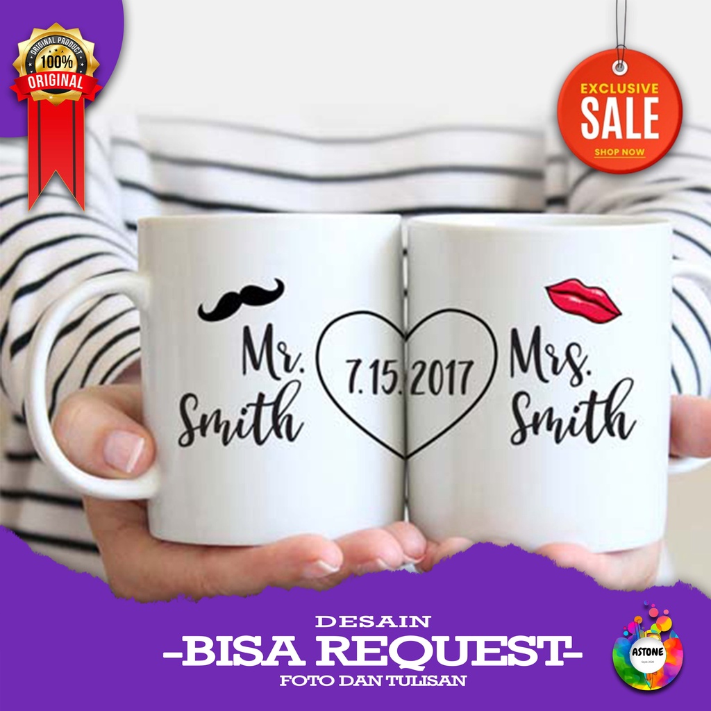 ASTONE MUG couple untuk pasangan / kado pernikahan souvenir cangkir gelas BEBAS REQUEST FOTO LOGO GA