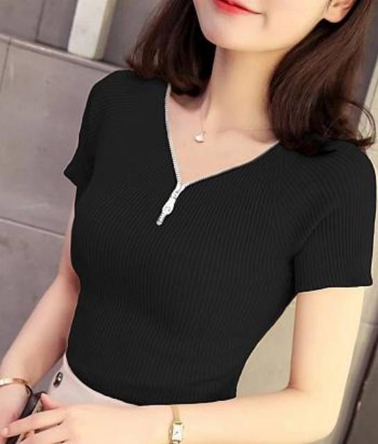 V Sleting Lengan Pendek BG9 / BAJU / ATASAN / BLOUSE WANITA / RAJUT / POLOS / MURAH