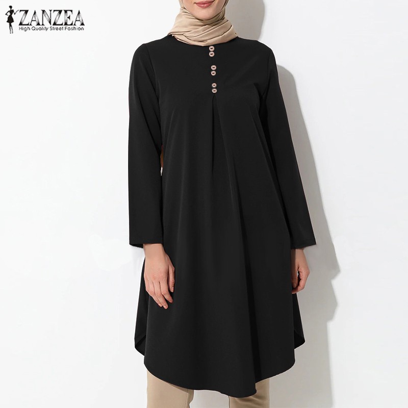 ZANZEA Women Long Sleeve Casual Solid Color Loose O Neck Muslim Blouse