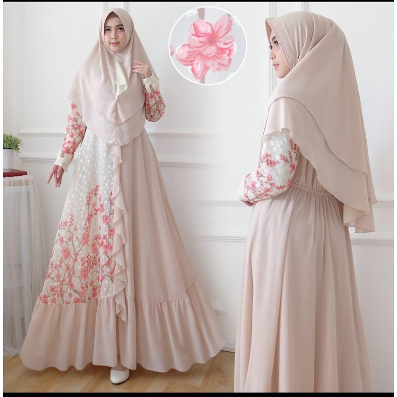 Gamis Plus Khimar Ceruty Seruty Polos Mix Combi Kombinasi Motif Bunga Baju Wanita Busui Rempel Bawah