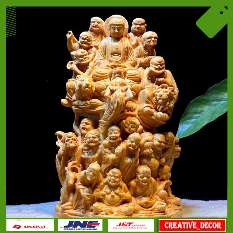 Patung Hiasan Meja Thuja Wood Eighteen Arhat Buddha Statue Solid wood carving Chinese Buddha Statue 
