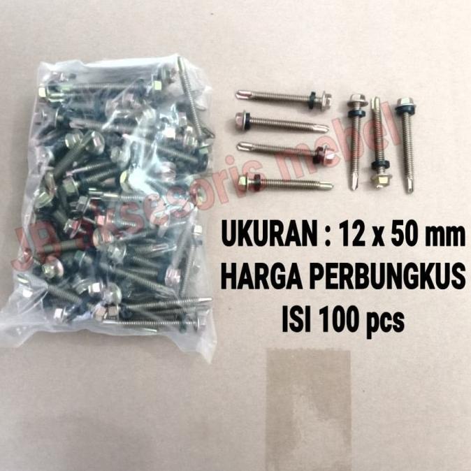 Produk Terbaik] BAUT SKRUP DRILING 50 mm ISI 100pcs / BAUT SEKRUP BAJA RINGAN 12x50