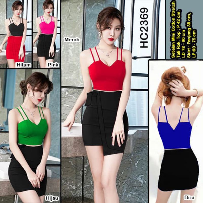 HC2369  SETELAN MINI TALI PUNDAK 2 ROK HITAM TALI IKAT COTTON STRETCH