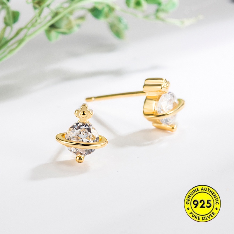 Anting Tusuk Sterling Silver Desain Planet Saturnus Mini Simple Anti Alergi Untuk Wanita