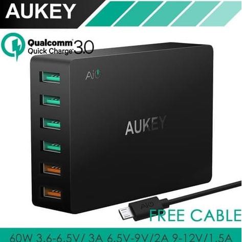 NEW- Aukey PA-T11 QC 3.0 Travel Wall Charger 6-USB Port (Dual Port QC 3.0)