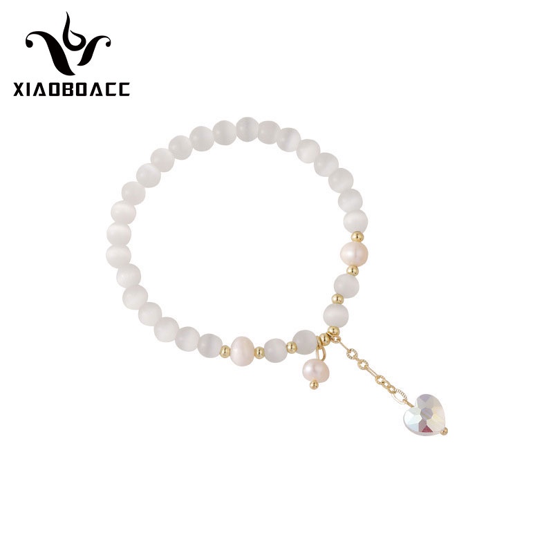 XiaoboACC Gelang Tangan Elastis Gaya Korea Motif Hati Aksen Opal + Mutiara Untuk Perhiasan Wanita