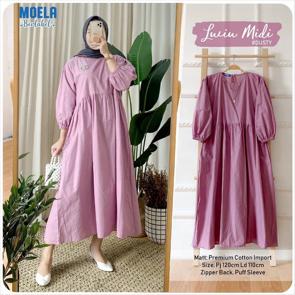 LUCIU Midi Dress Polos wanita Kekinian Terbaru Midi Dress Rayon  Polos Premium Moela