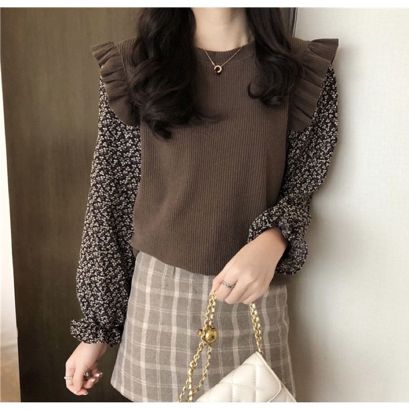 #S3024 Kemeja casual rompi rajut motif bunga