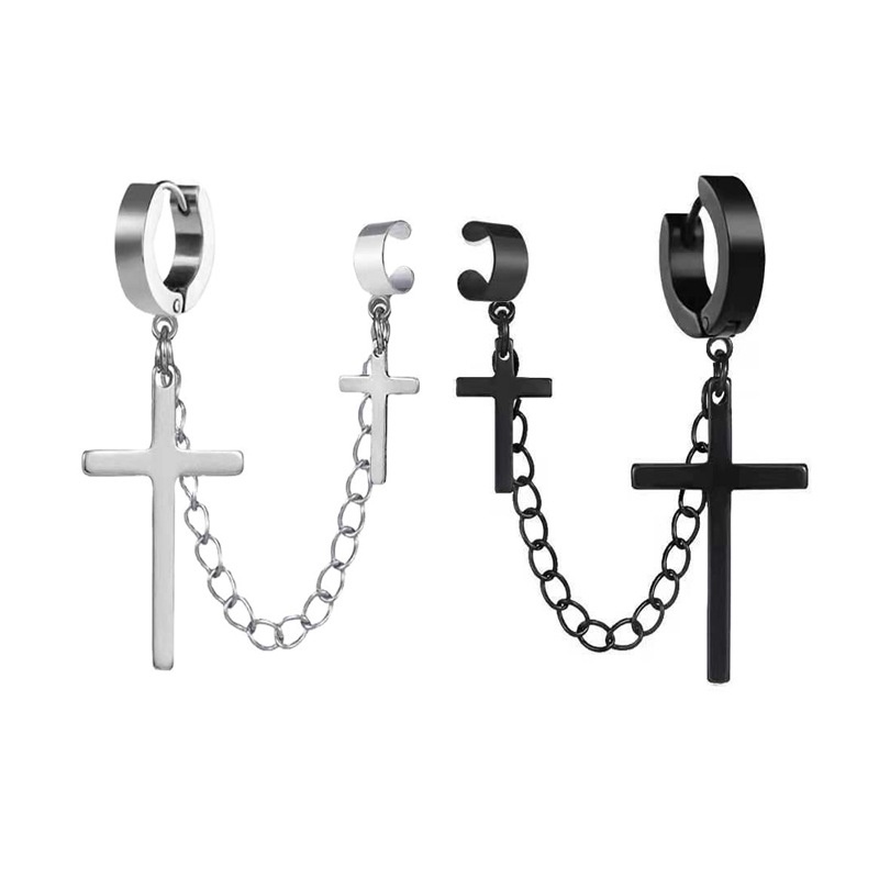 Korean Version Stainless Steel Metal Chain Double Cross Drop Earrings/ Punk Gothic Style Round Piercing Ear Stud