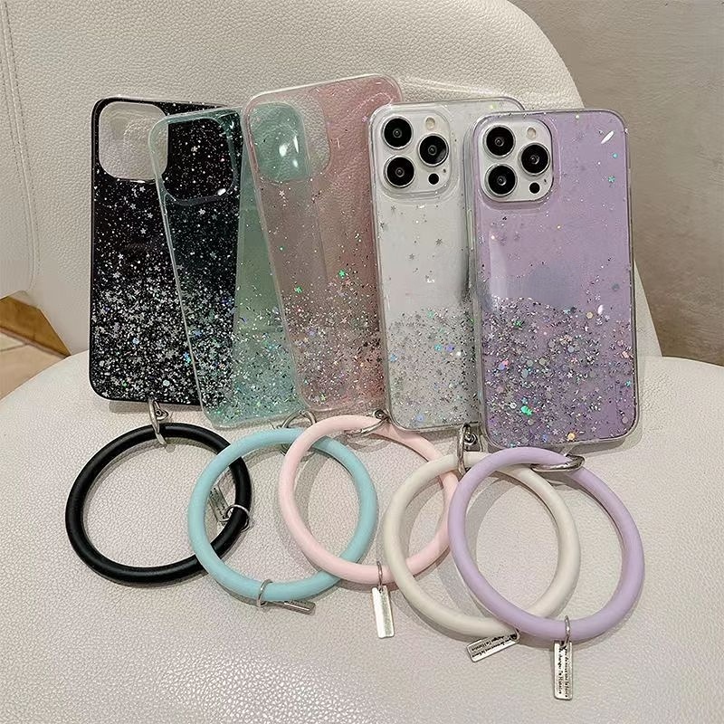 Soft Case Bahan TPU Motif Marmer Glitter Dengan Gelang Untuk iPhone 14 Pro Max 13 Pro Max 11 Pro Max XR X XS Max 7 8 Plus SE 2020