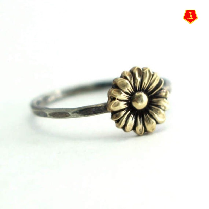 [Ready Stock]Retro Sunflower Silver Ring 18K Gold Simple Sweet