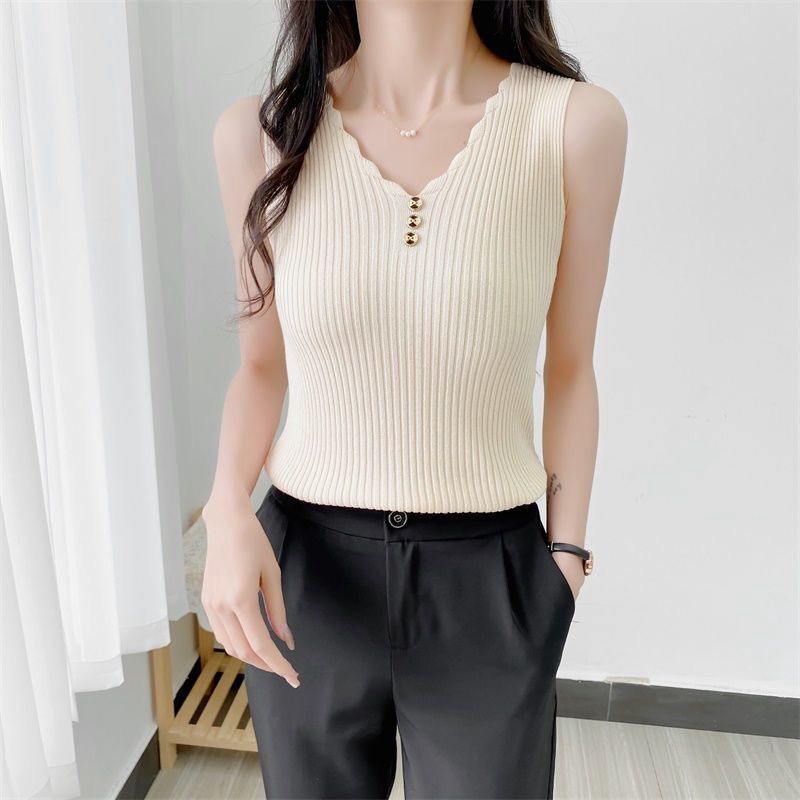 TankTop Wanita Polos Bahan Rajut Tengtop-Aprikot Button