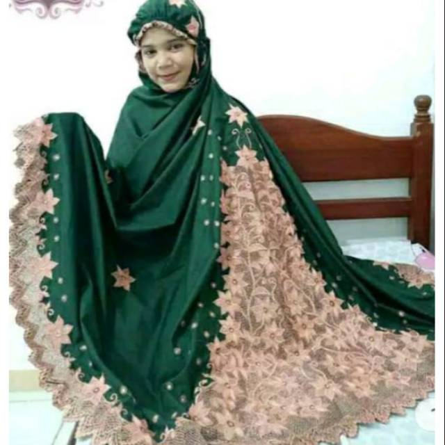 Mukena bordir bukittinggi jumbo hijau botol orange