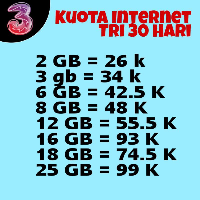 Kuota Tri Paket Data 12 GB 16 GB 18 GB 25 GB 24 JAM 30 HARI