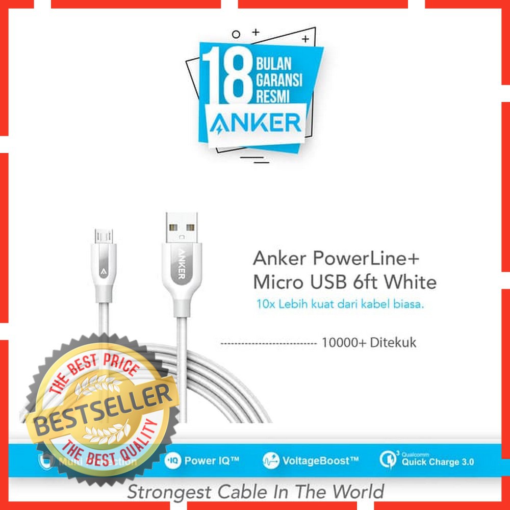 Kabel Data Anker Kabel Double Nylon PowerLine 6ft Lightning iPhone Putih