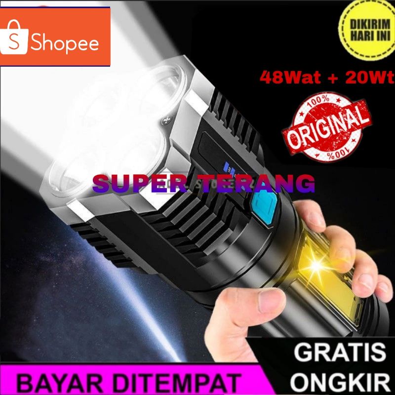 SENTER LED 4 MATA USB CAS LISTRIK JARAK SOROT JAUH CAHAYA SUPER TERANG LAMPU SENTER LED CHARGER SUPE