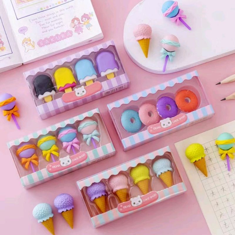 Penghapus Pensil Eraser Model Donut Lollipop Ice Cream 1pak isi 4pcs