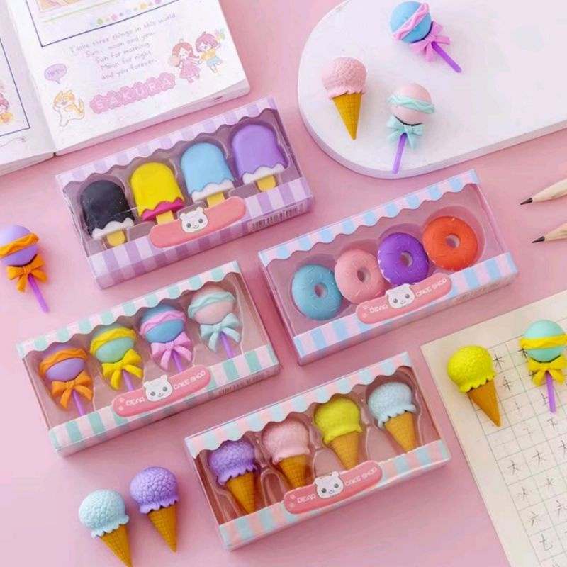 Penghapus Pensil Eraser Model Donut Lollipop Ice Cream 1pak isi 4pcs