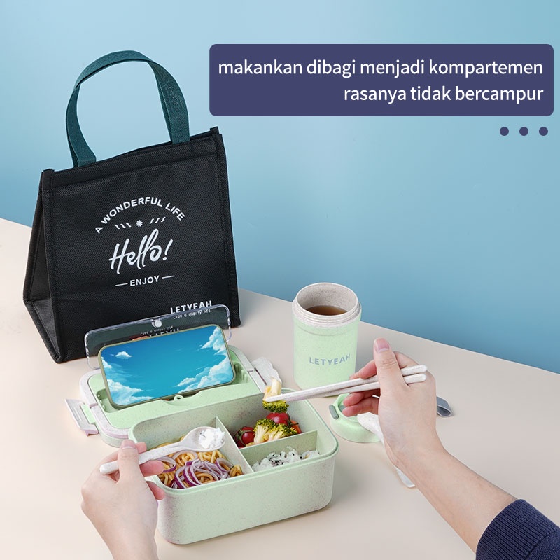 Letyeah &amp; Kaizenliving Lunch box set anti tumpah/ jerami gandum kotak makan set /lunch box tas set portable