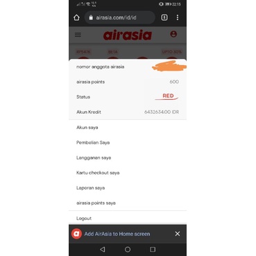 Credit Kredit Tiket Air Asia Senilai Rp. 6.432.634