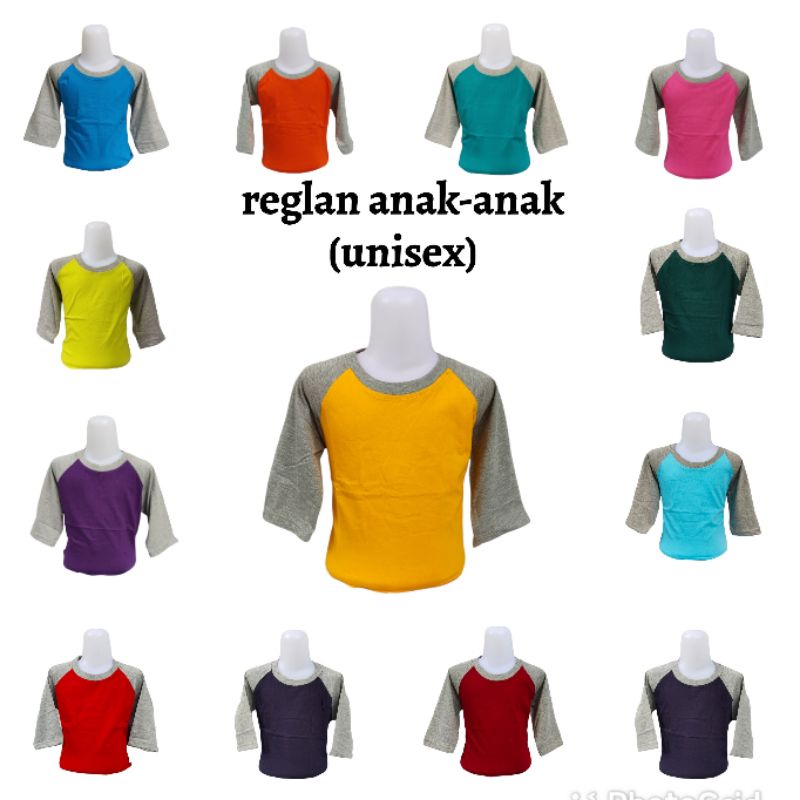 kaos polos reglan anak (unisex) laki / perempuan uk 20 22 S