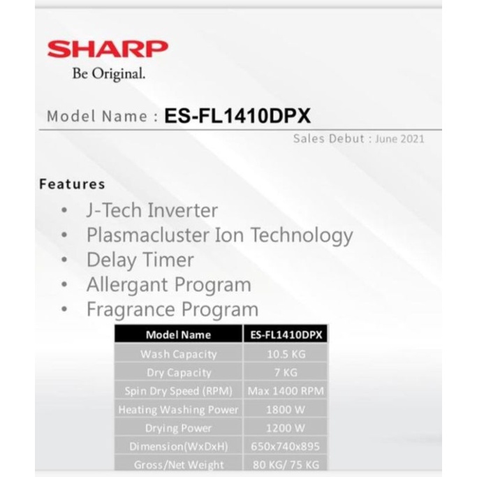 Mesin Cuci Front Loading Sharp 10 Kg ES-FL1410DPX / 1410DPX