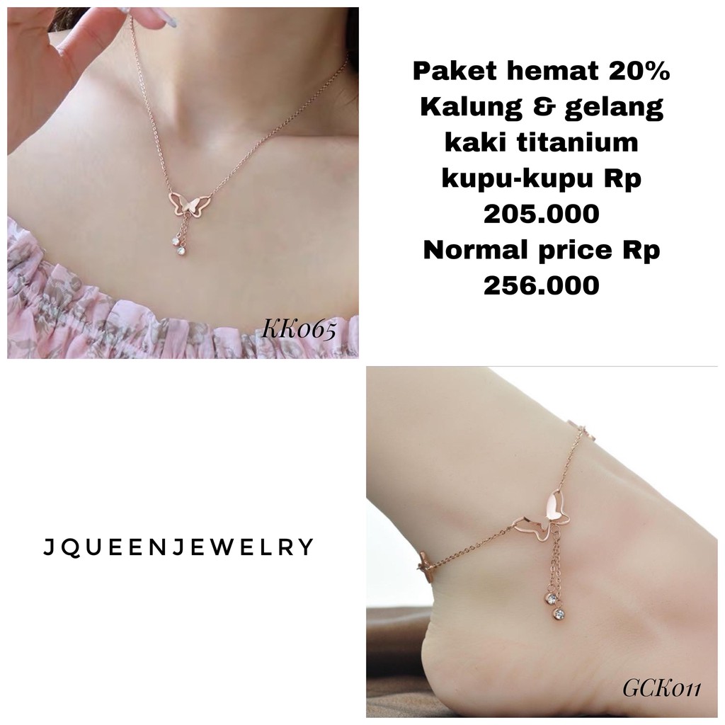 Paket hemat set kalung dan gelang kaki kupu kupu titanium anti karat import PH009