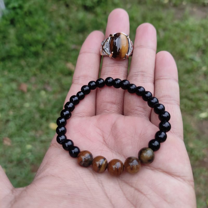 GELANG BLACK TIGER (KOMBINASI BLACK ONYX & TIGER EYE) FREE CINCIN TIGER EYE (N)