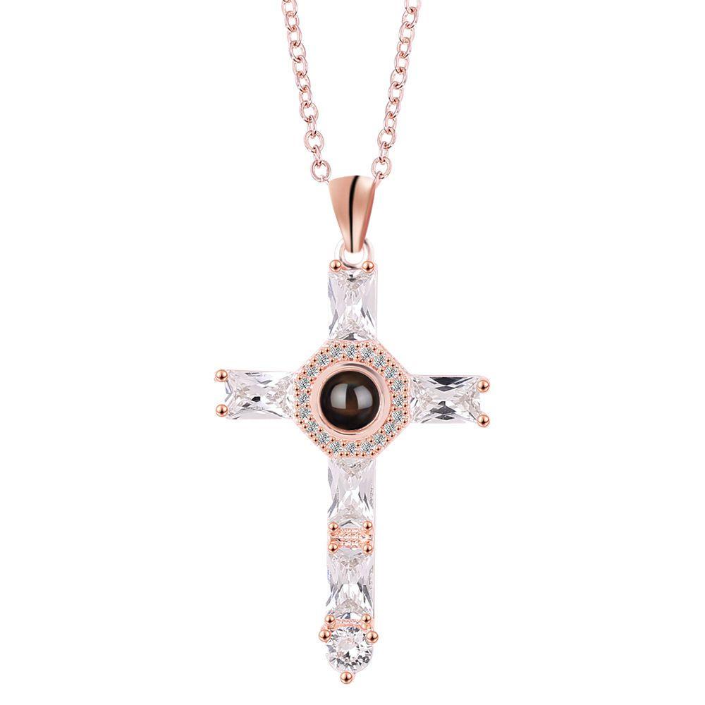 Lily Cross Projection Kalung Wanita Hadiah Liontin Masa Kini Zirkon Kristal Bentuk Salib